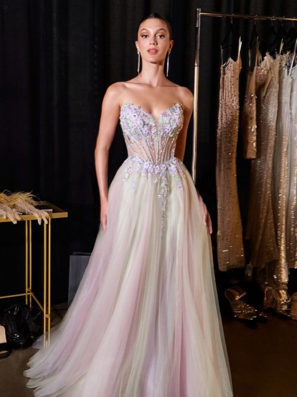 New Formal Floral Sage Dress w/ Beaded Corset Bodice & Sweetheart Neck CD2418 - Picture 3 of 7